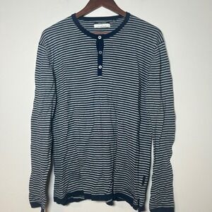 EUC Robert Geller Five Four Henley Sweater Large Blue Gray Striped Cotton Knit